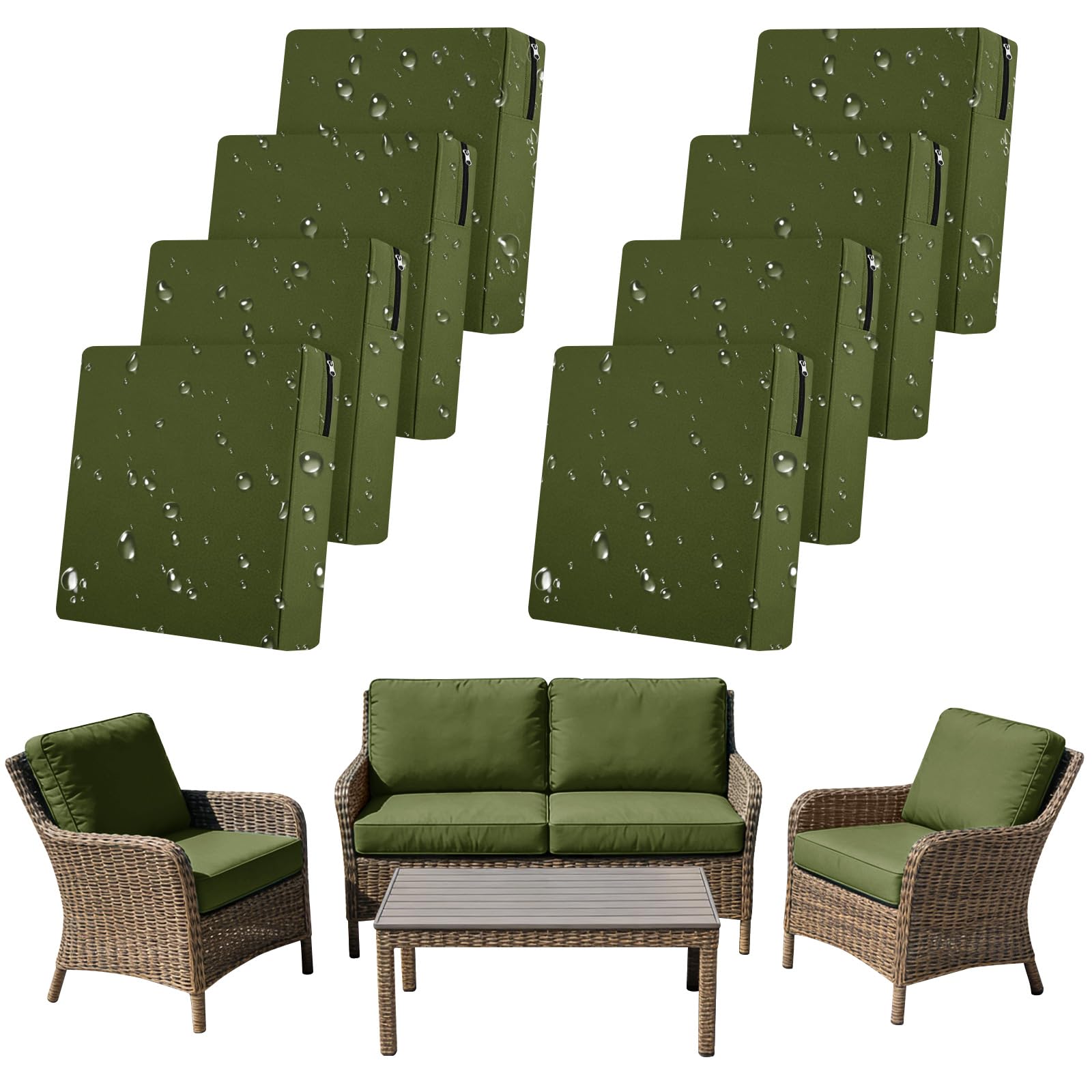 SYLC 8Pcs Outdoor Cushion Covers Waterproof Patio Cushion Covers Replacement with Zipper, Garden Rattan Sofa Seat Slipcovers Furniture Protector (Matcha green,4pcs 60×60cm＋2pcs 55×45cm＋2pcs 55×50cm)