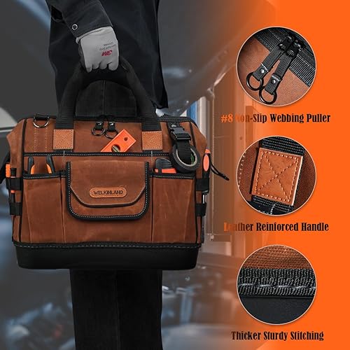 Miniatura 9 de WELKINLAND Bolsa de herramientas de fondo duro de 22 bolsillos, Bolsa de herramientas de lona encerada de 14 pulgadas, Bolsas de electricista