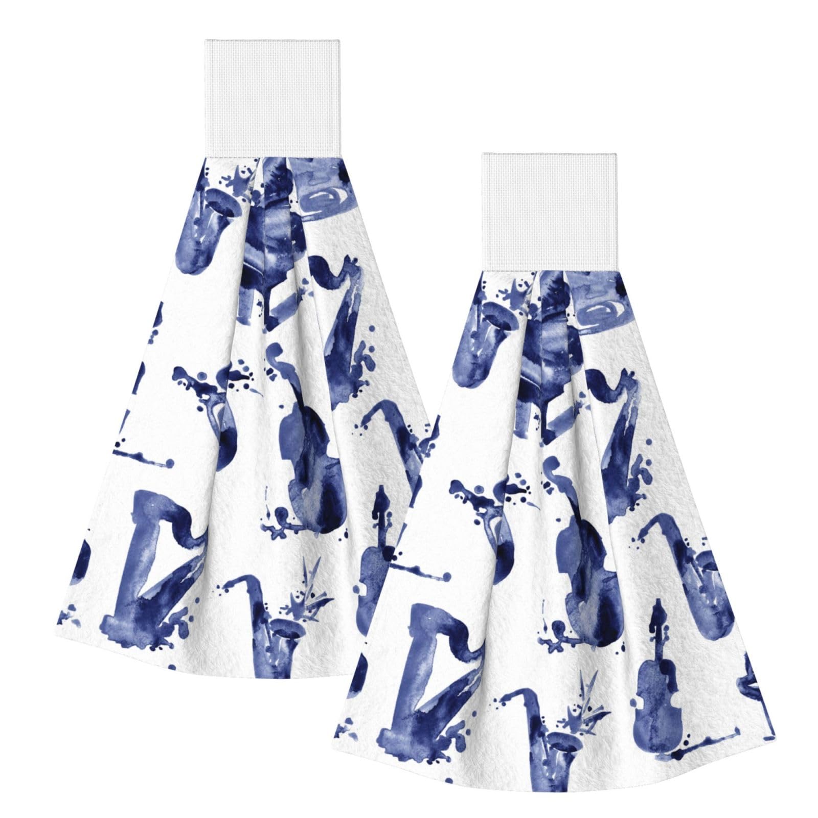 DOPKLNA Blues Saxophone Piano Cello Bass, 2 Pcs Hanging Coral Fiber Hand Towels for Bathroom, Absorbent Kitchen Towels