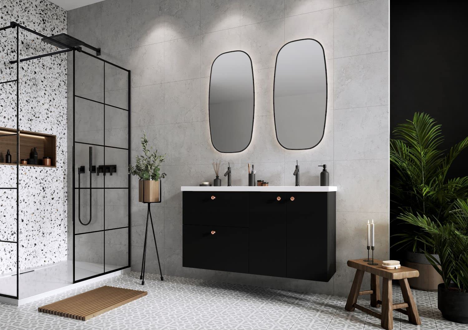 Set arredo bagno OKAY 60cm Laccato NERO OPACO Lavabo in ceramica con chiusura rallentata Lavabo con pensile Mobile bagno con lavabo Mobile sottolavabo Moderno Elegante Cassetti