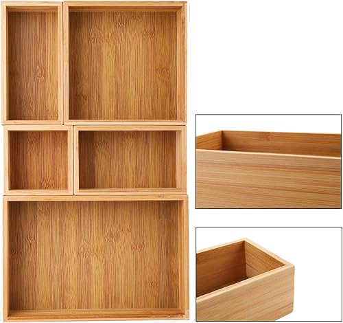 Miniatura 3 de Lawei Juego de 5 cajas organizadoras de cajones de bambú, kit de caja de almacenamiento de escritorio, contenedores de almacenamiento de cajones