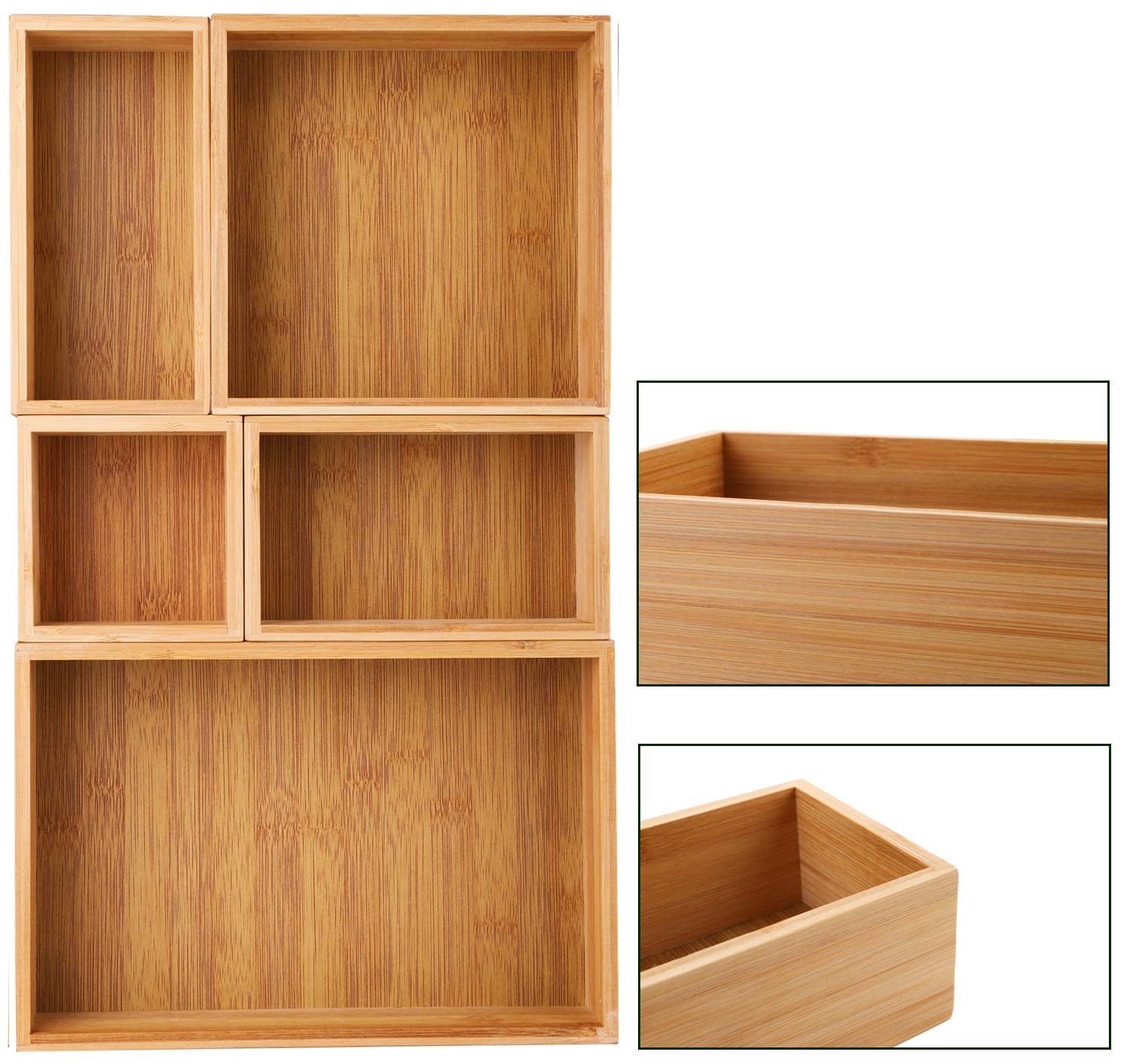 Lawei Set di 5 scatole organizer per cassetti, in bambù, da scrivania, per ufficio, cucina, camera da letto, camera dei bambini, artigianato, cucito