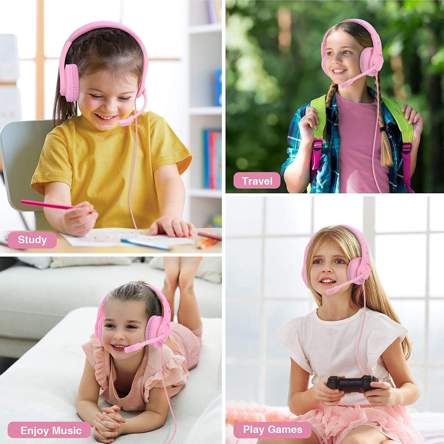 ShinePick Kids Headphones for Online School, Children, Teens, Boys, Girls, Over-Ear Kids Gaming Headphones with Microphone and Volume Control for PS4, PS5（Pink）