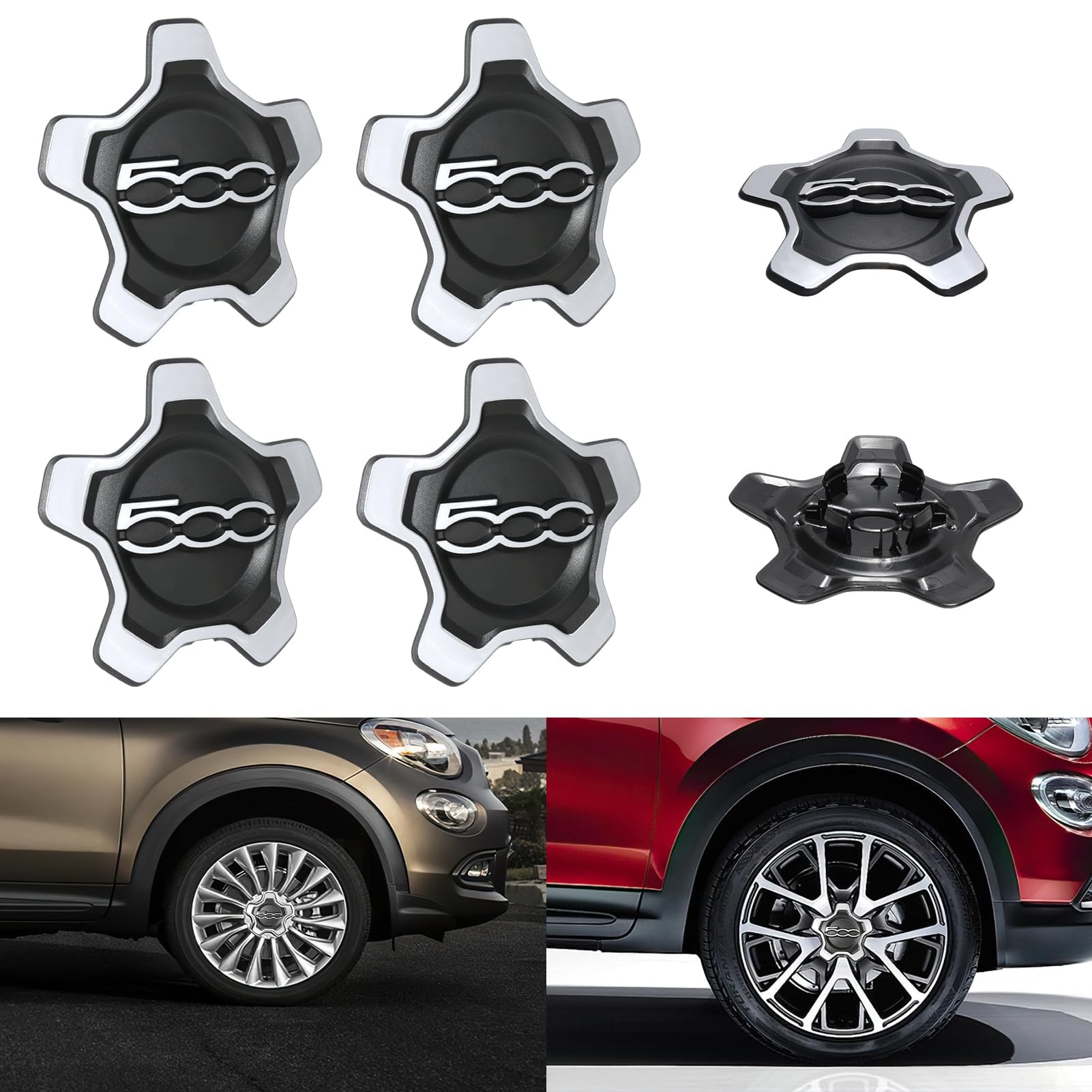 Tapacubos para FIAT 500X, Ajuste Original con número OE 735626312 735626311 protección contra líquidos ABS Resistente (4 Borde Plata Letras Plata)