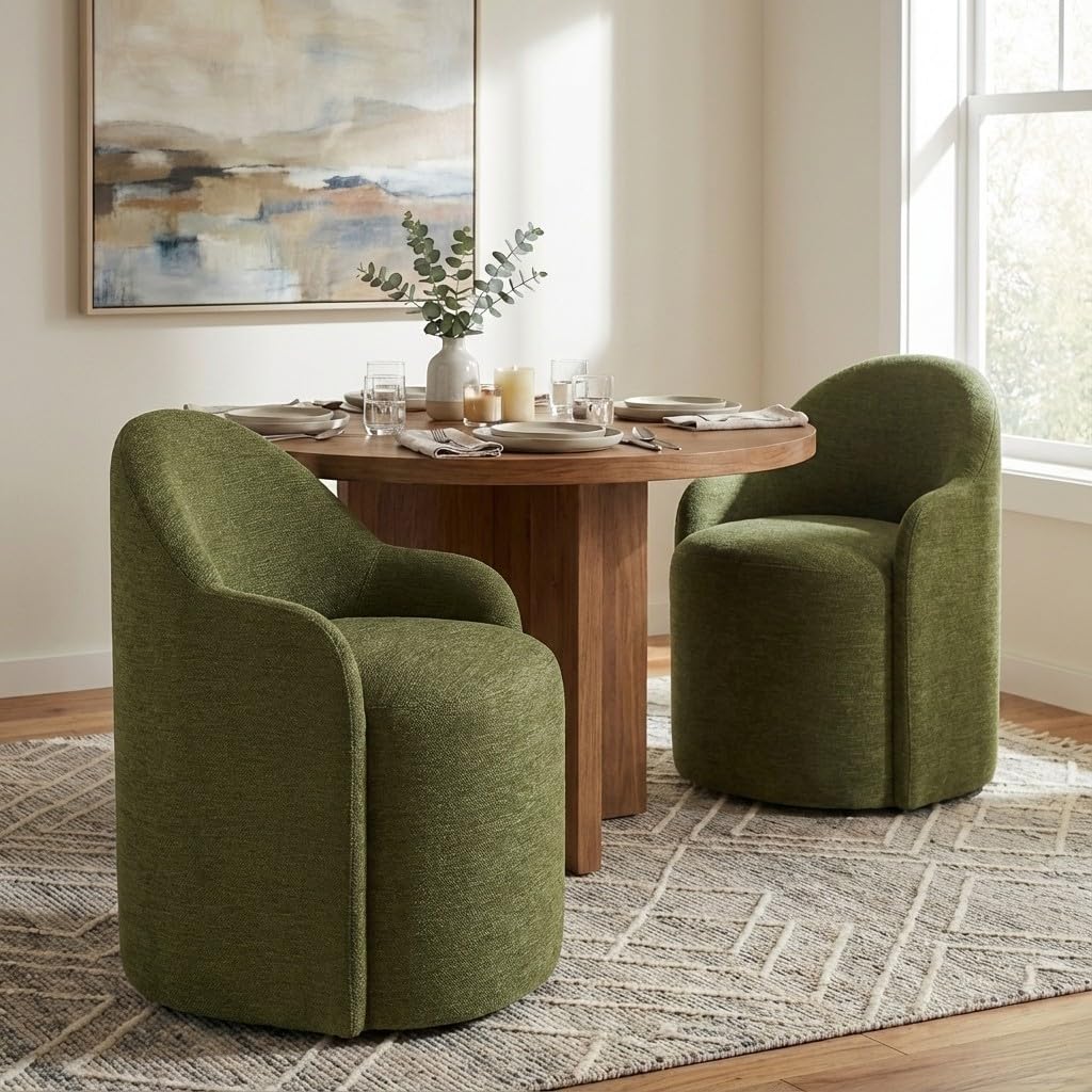 View 1 of **ONLY 1PC**KISLOT Upholstered Dining Chairs with Casters, No Assembly Modern Dining Room Chairs Accent Vanity Chair with 5 Wheels & Round Backrest for Bedroom, Living Room, Dressing, Green Fabric, Set of 2