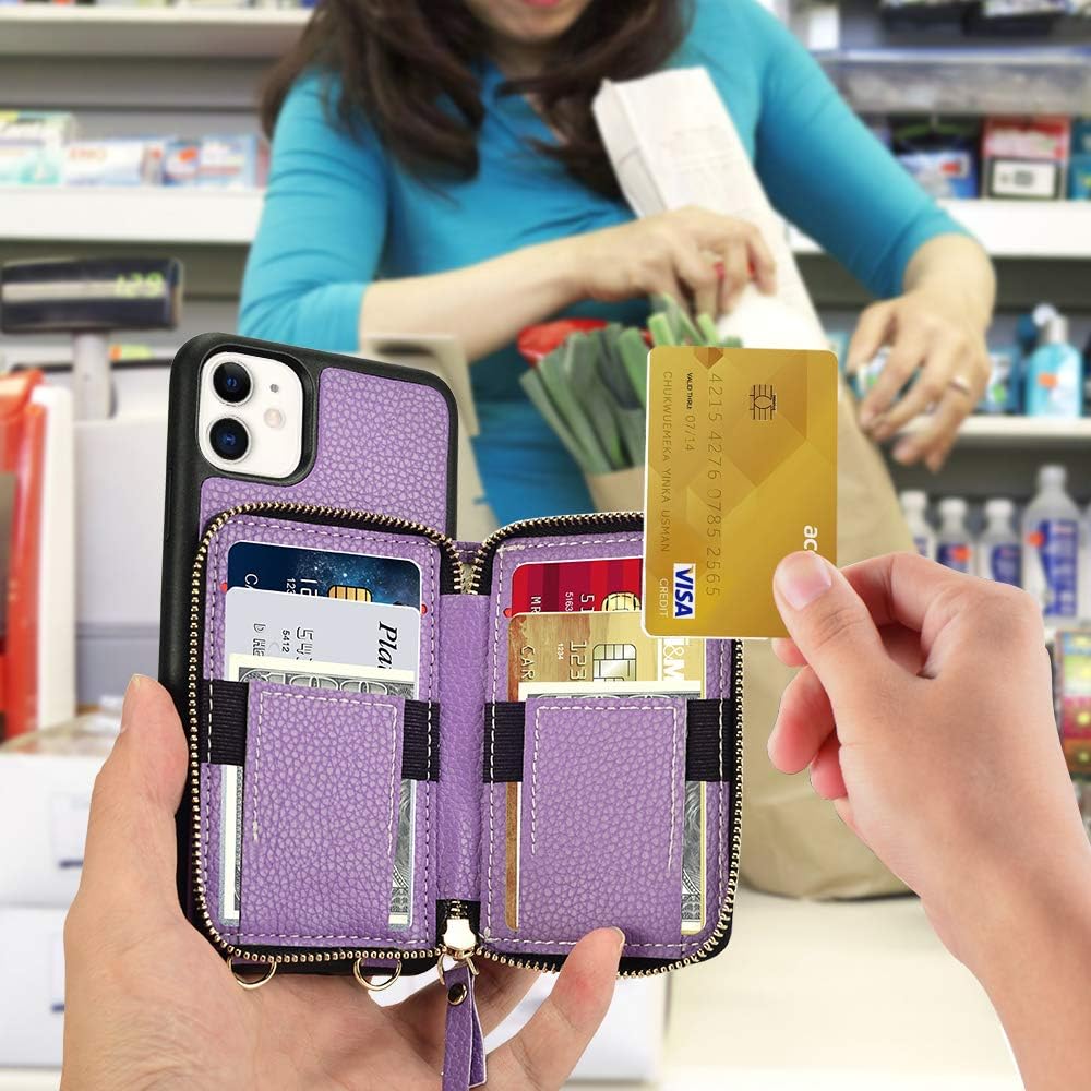 iPhone 11 Wallet Case 6.1 inch, JLFCH iPhone 11 Crossbody Case with Card Holder Wrist Strap Purse Chain Zipper Cover for iPhone 11 6.1 inch - Light Purple
