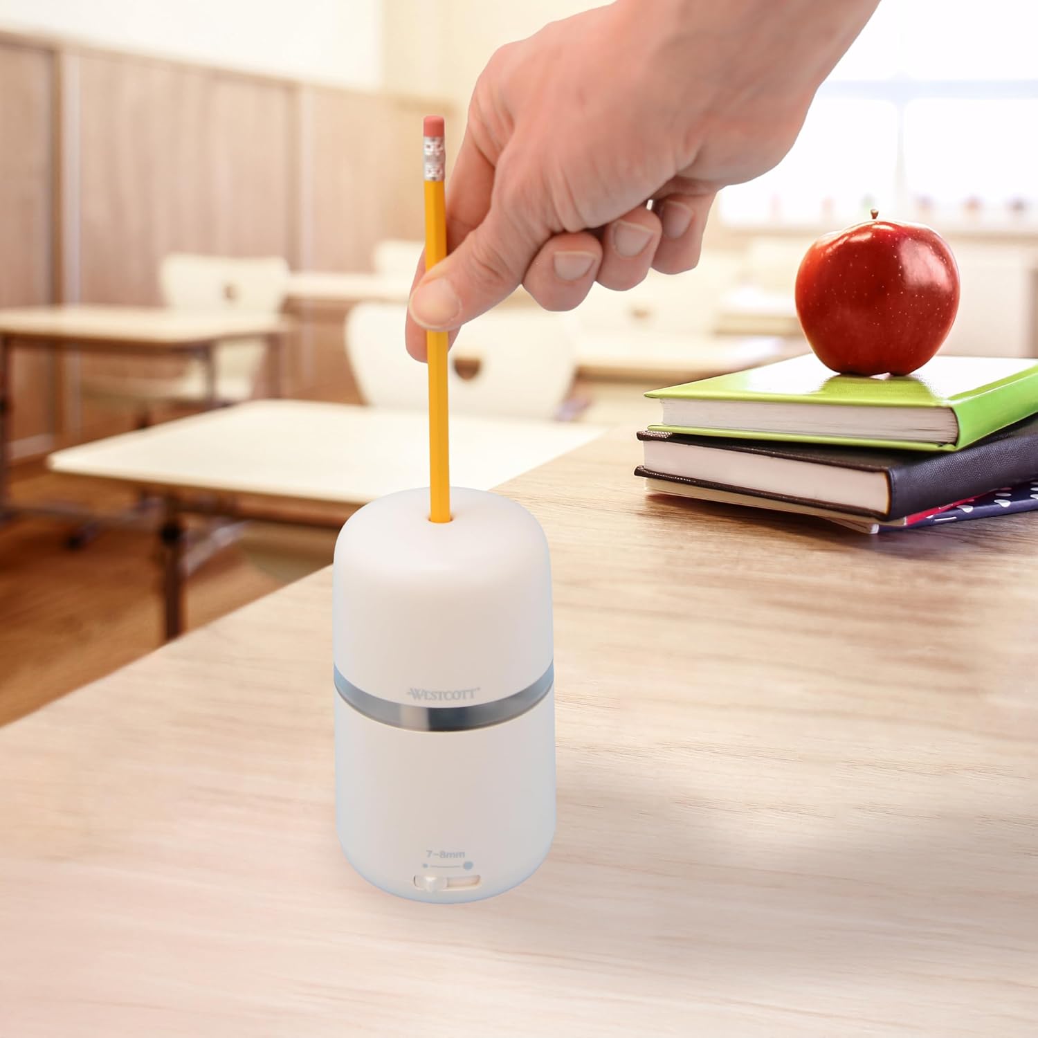 Westcott Two-in-One Fully Automatic Battery and Electric Pencil Sharpener for Regular, Graphite, and Drawing Pencils - Adjustable Tip Size - for Office and School Use - Includes AC Adapter - White