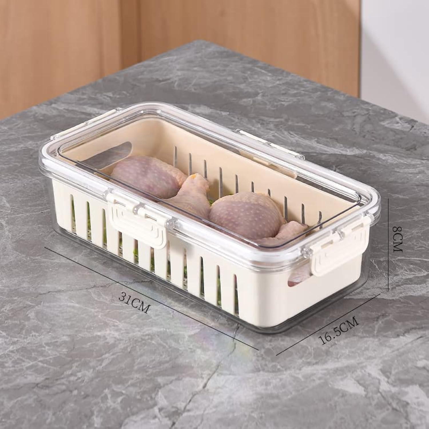 NEEMAY Refrigerator Organizer Box, Food Storage Container Fruit Storage Container for Fridge with 1 Drain Basket in One Container, Stackable Vegetable Strainers Box with Lid 1 Box/Set of White