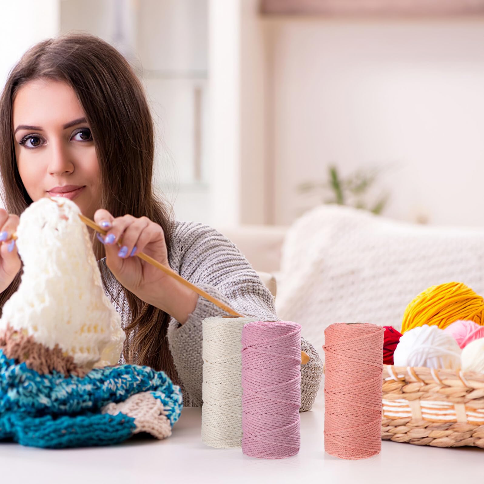 OUNONA 3 Stück Packung Farbiges Baumwoll Bastelkordel Makramee Garnset Stark und Formbeständig zum Häkeln für Dekoration im Handmade Bereich