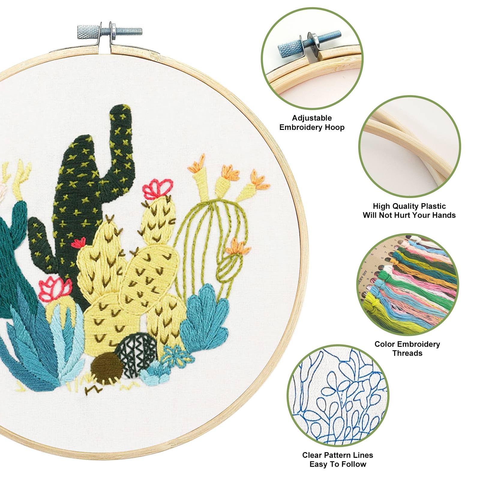 Kit De Bordado De Cactus Para Principiantes - Incluye 4 Telas Preimpresas, Hilos, Agujas, Aros E Instrucciones | Punto De Cruz Fácil