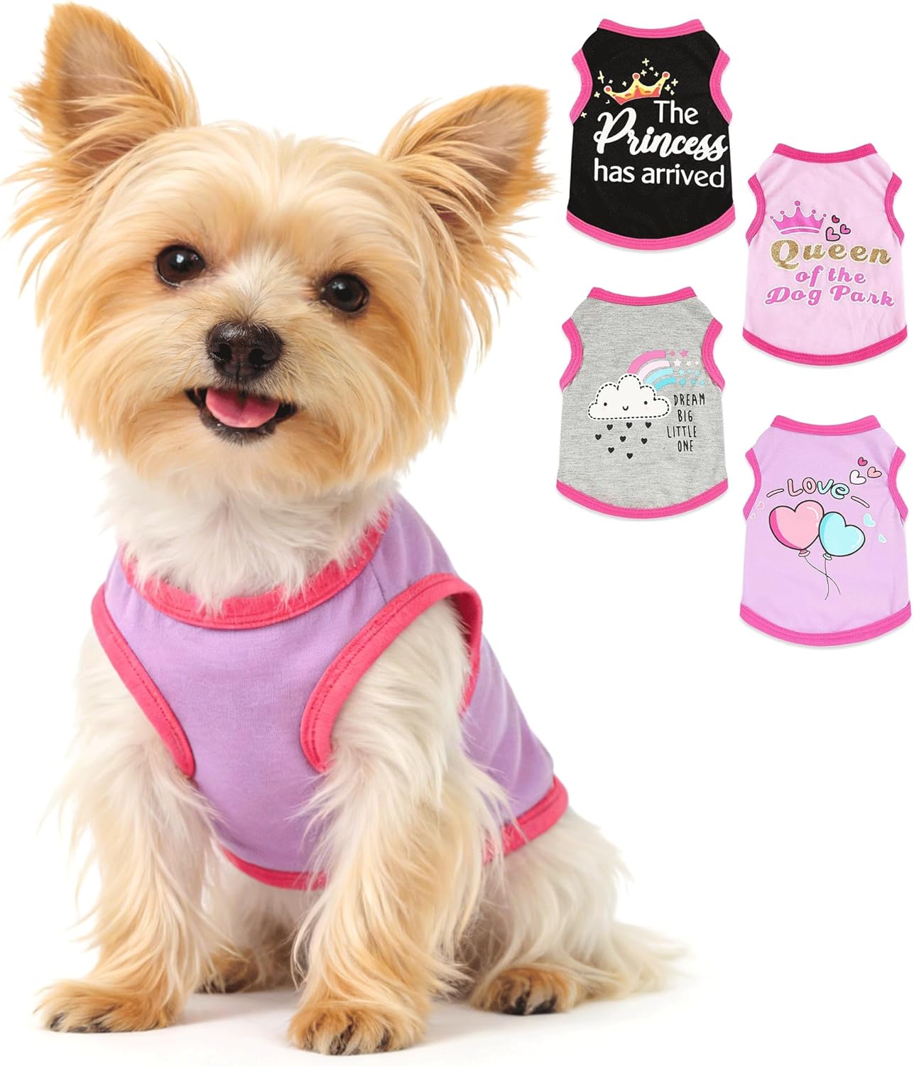 4 Pack Dog Shirts for Small Dogs Spring Summer Printed Puppy Clothes Cute Pet T Shirts Dog Clothes for Small Dogs Cats Girl (Grey+Pink+Purple,Black, XXS)