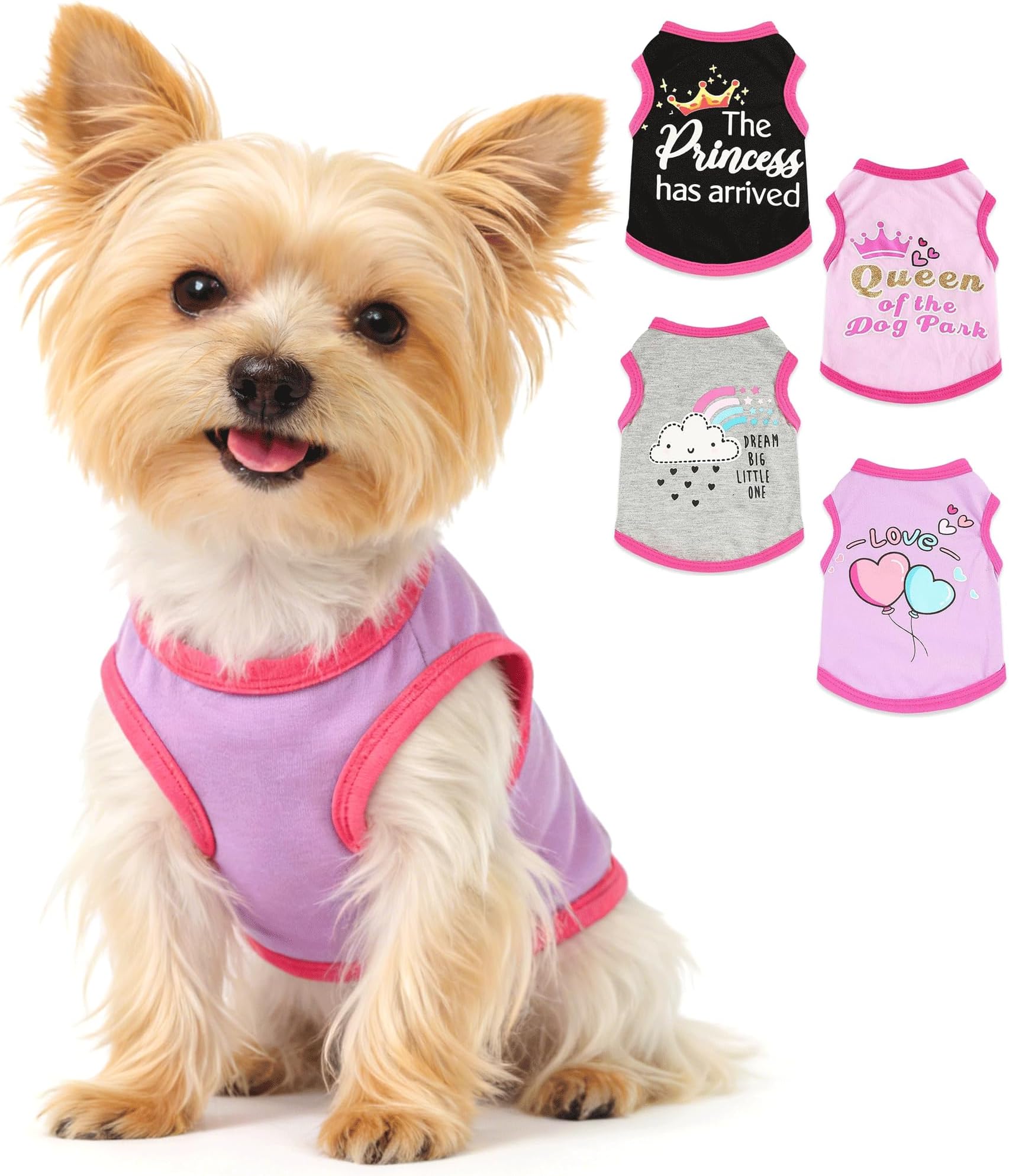 4 Pack Dog Shirts for Small Dogs Spring Summer Printed Puppy Clothes Cute Pet T Shirts Dog Clothes for Small Dogs Cats Girl (Grey+Pink+Purple,Black, XS)