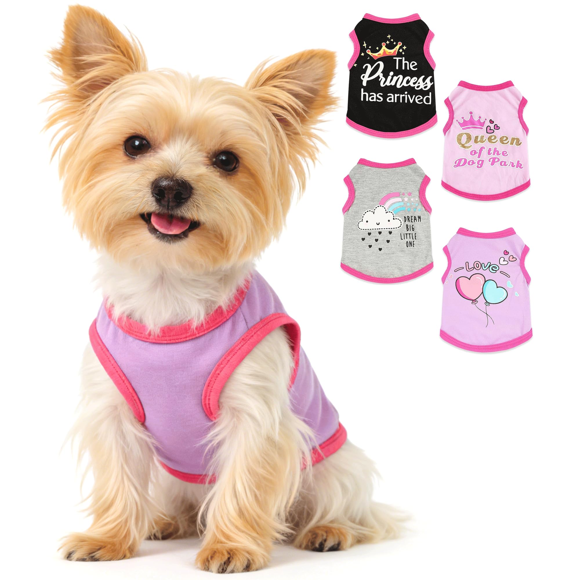 4 Pack Dog Shirt for Small Dogs Spring Summer Printed Puppy Clothes Cute Pet T Shirts Dog Clothes for Small Dogs Cats Girl (Grey+Pink+Purple,Black, XS