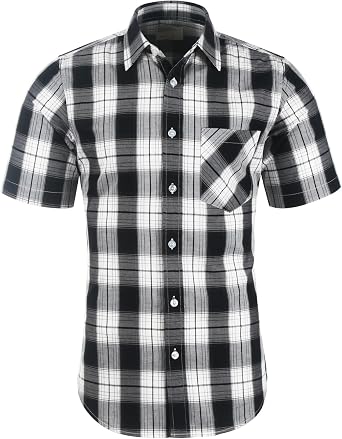 Mens Plaid Button Down Short Sleeve Shirts 100% Cotton Casual Dress Regular Fit Shirt with Pocket