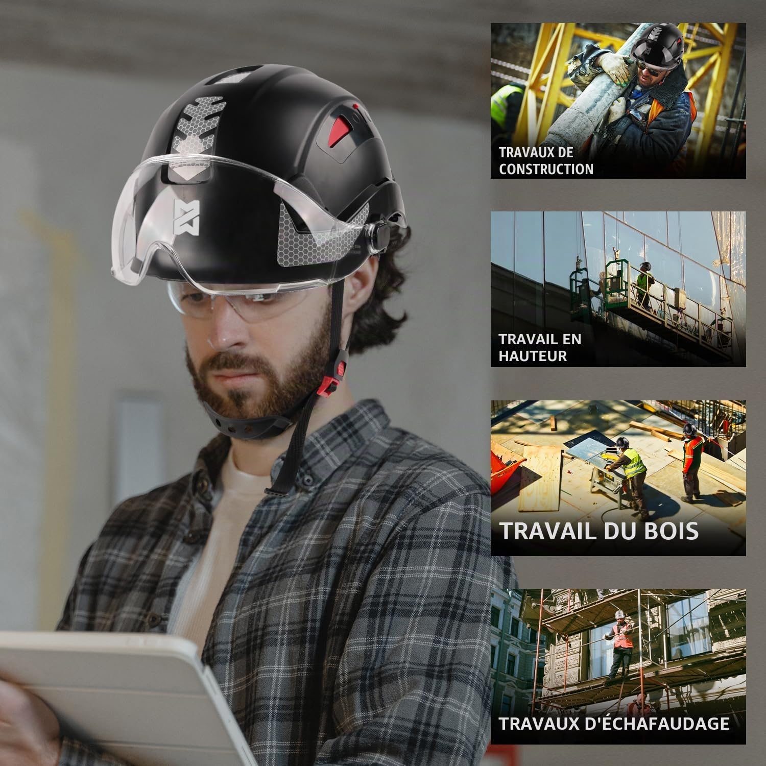 HEARMOR Casque de Protection de Chantier certifié EN397 en ABS réglable avec système à cliquet à 6 Points, avec Doublure de Refroidissement et Sac de Transport – Convient pour Tous Les lieux de