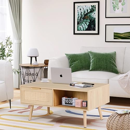 Miniatura 2 de LAZZO Mesa de centro de ratán moderna de mediados de siglo mesas rectangulares centrales con 2 cajones y estante de almacenamiento abierto mesa