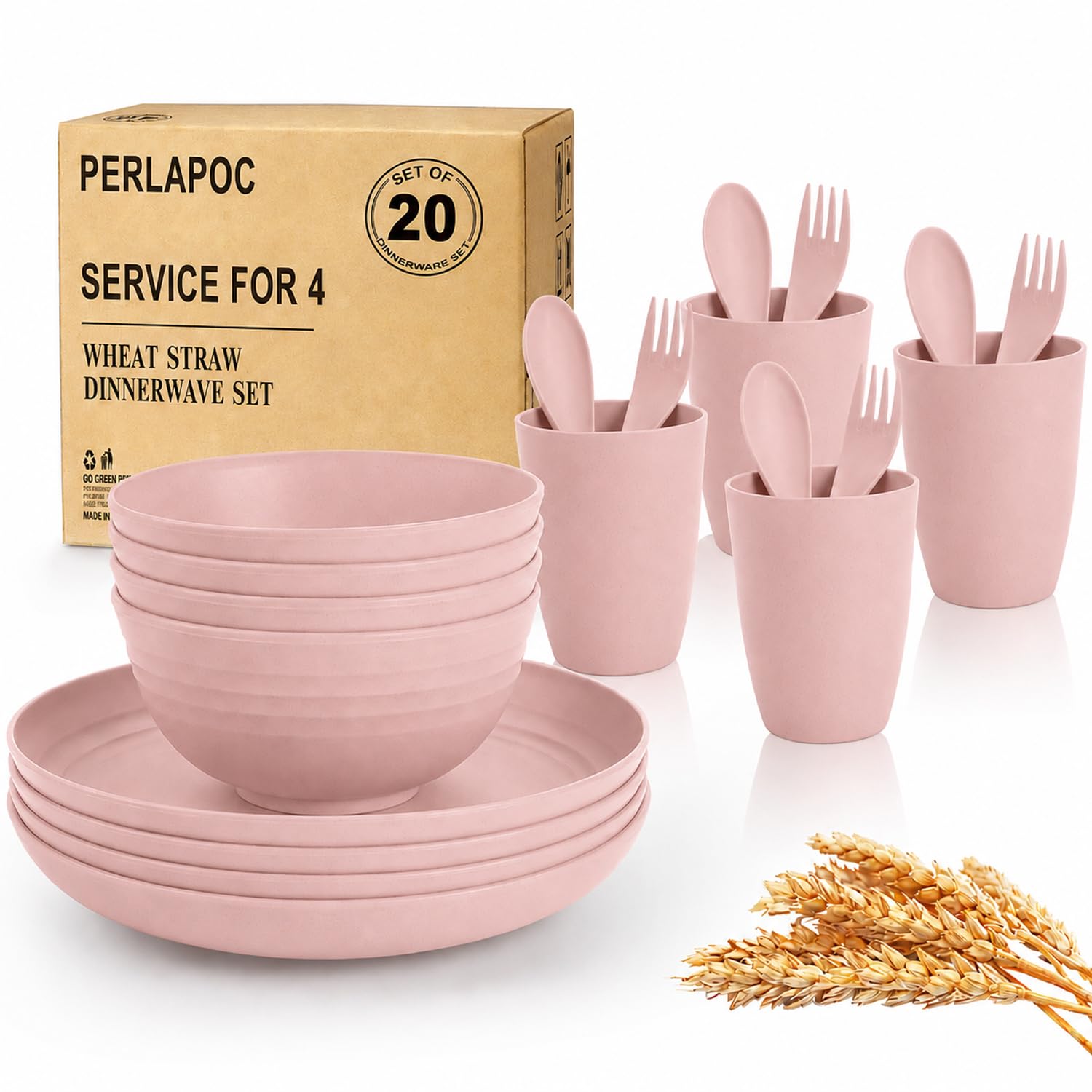 Wheat Straw Dinnerware Sets for 4, 20 Piece Unbreakable Kids Dinnerware Set, Toddler Plates and Bowls Sets, Kitchen Plates and Bowls Set, Lightweight Dish Set for Travel Camping Party - Muted Pink