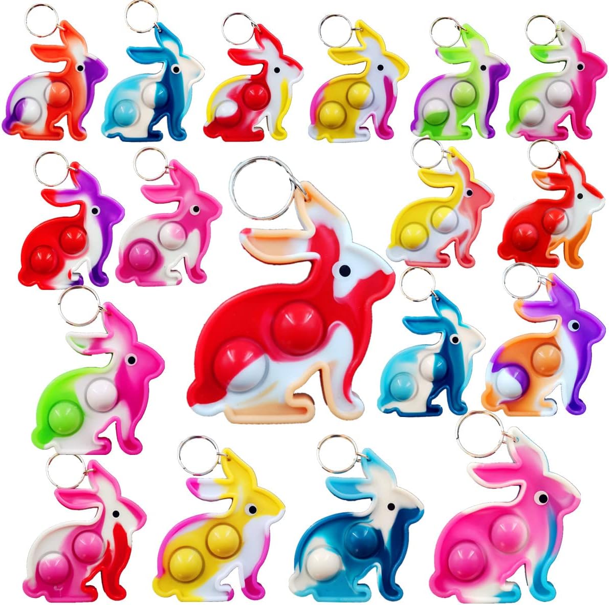 24 Packs Push Fidget Bubble Bulk Rainbow Rabbit Mini Pop Keychain Fidget for Teens and Kids, Party Favors Birthday Student Prizes Gifts