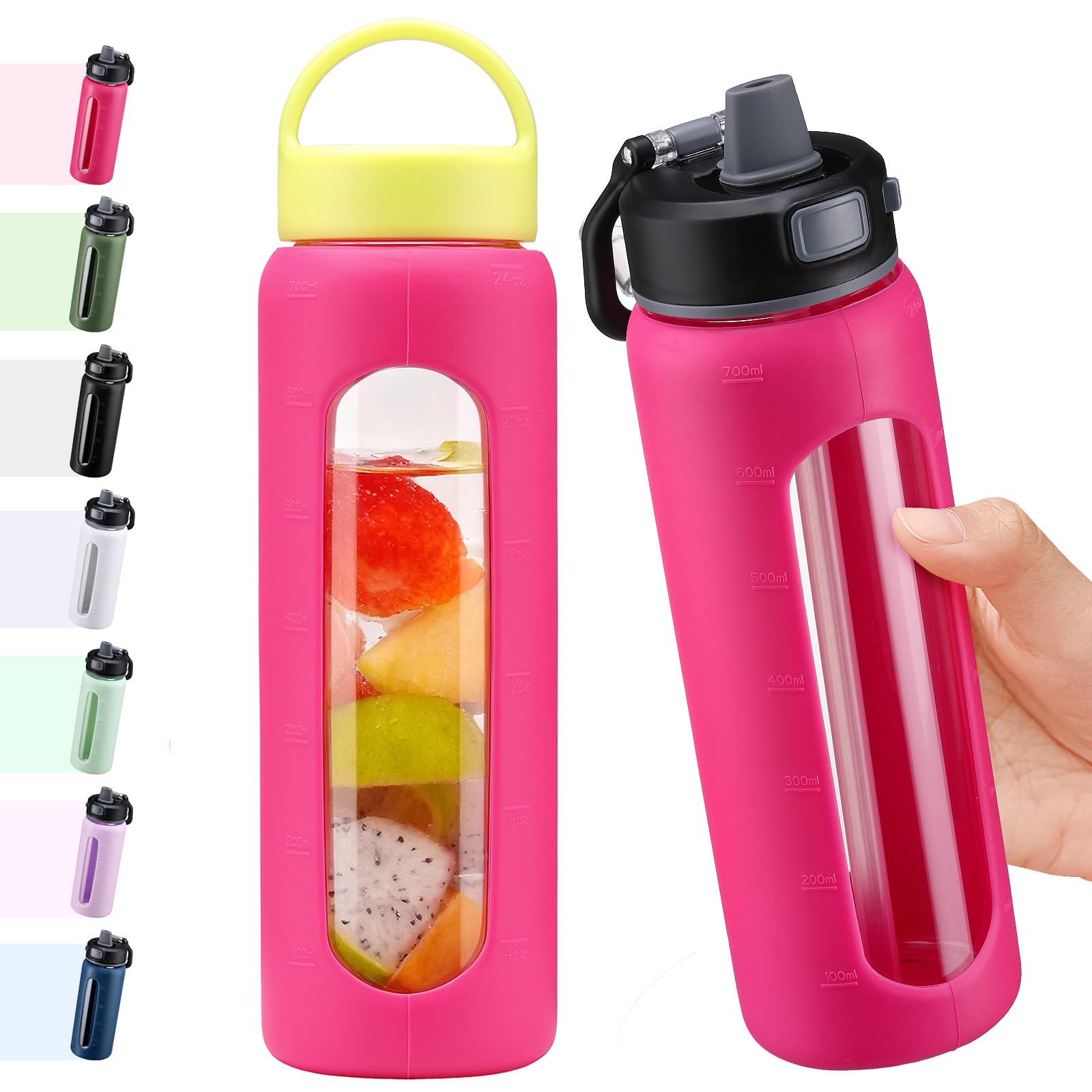 BLUEGO 700ml Glas Wasserflasche mit 2 Deckeln- One-Touch Verschlussdeckel und Griffdeckel Wiederverwendbare Trinkflasche mit Zeitskala für Reisen Zuhause Fitnessstudio Sport BPA-frei, Rosarot
