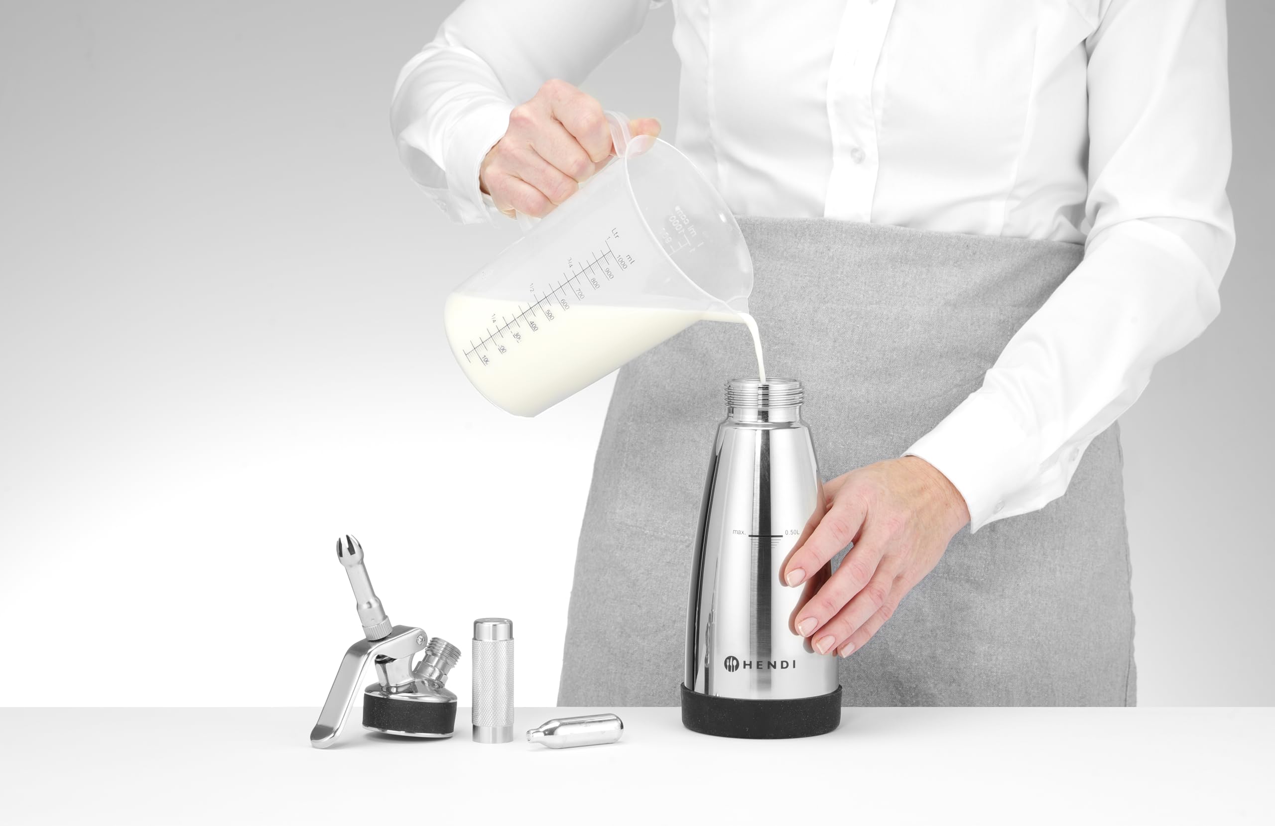 HENDI Sifone da cucina a doppia parete – 0,5L – Per panna montata, mousse, salse calde e fredde – 3 beccucci, spazzolino per la pulizia – ø95x(H)275mm – Acciaio inox