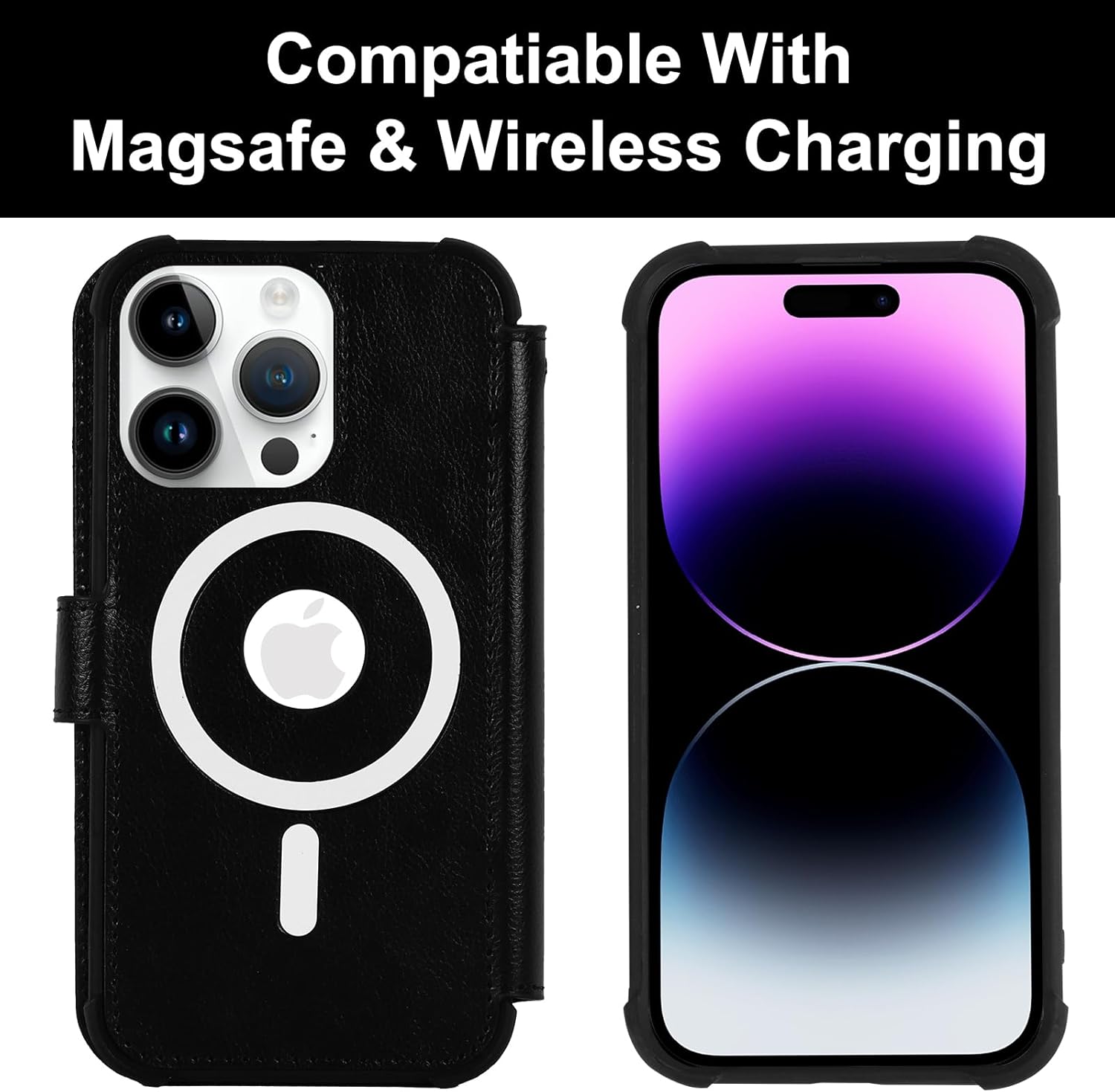 VANAVAGY Compatible for iPhone 14 Pro Wallet Case for Magsafe Wireless Charging, PU Leather Flip Folio Phone Cover with Wrist Strap RFID Blocking Card Holder Screen Protector,Black