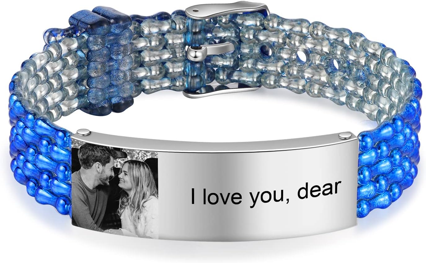 JewelOra Personalized Photo Bracelet for Men Customized Engraved Name Stainless Steel Link Bracelet with Picture Jewelry Gift for Son Father Boyfriend