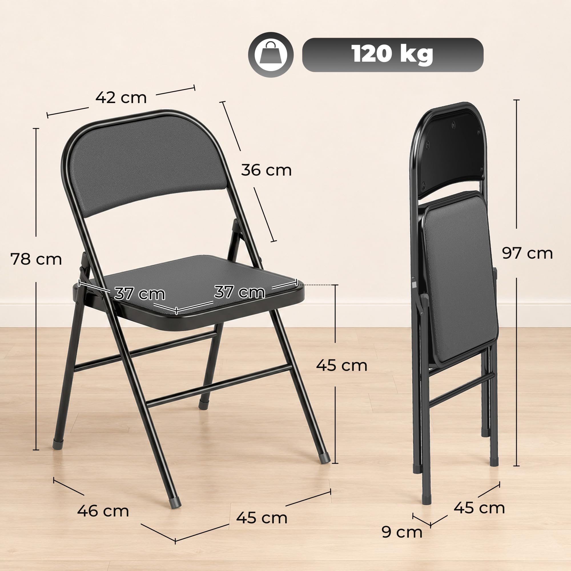 HOMCOM Set di 4 Sedie Pieghevoli Imbottite in Finta Pelle PU, Sedie Richiudibili Salvaspazio in Acciaio, Sedia Pieghevole da Interno per Casa, Ufficio, Festa ed Eventi, 45x46x78 cm, Nero