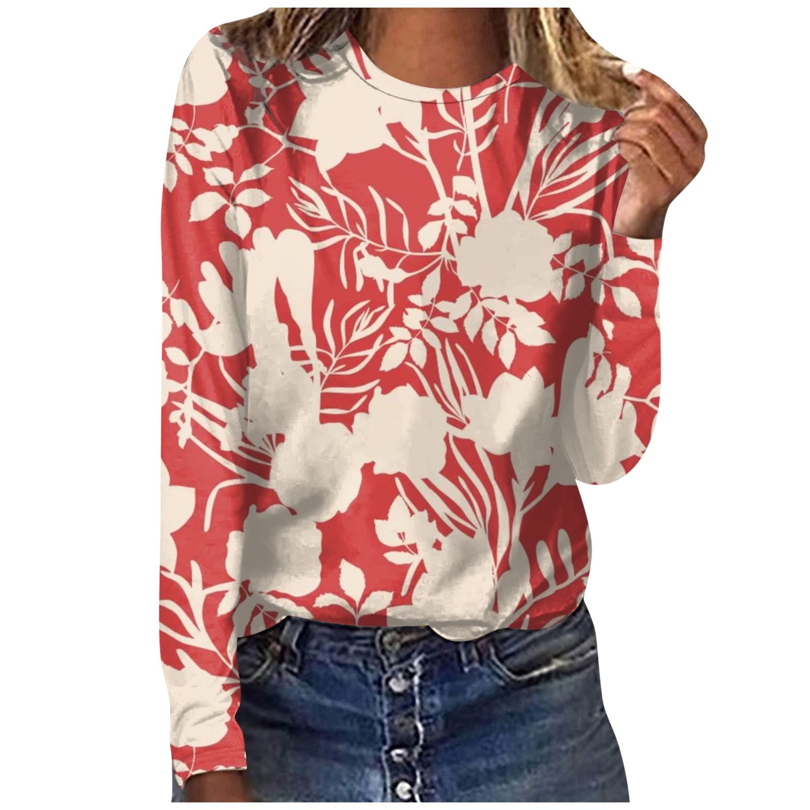 Womens Tunic Tops Crew Neck Long Sleeve Oversized T-Shirt Sale Clearance Regular Printed Shirt Blouse Slim Fit