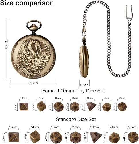 Miniatura 5 de Juego de dados DND diminutos de 0.394 in con funda de reloj de bolsillo vintage, juego de dados D&D de metal poliédrico para Dungeons and Dragons,