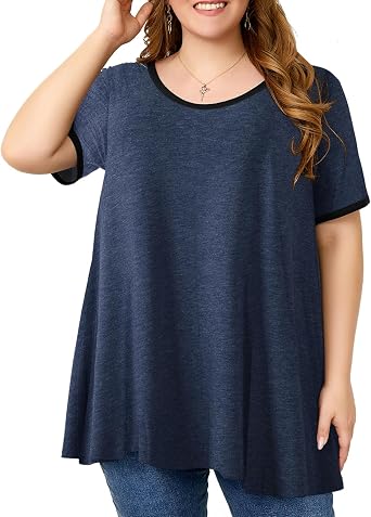 OVERWORETY Short Sleeve Plus Size Tunics for Women Loose Casual Swing Tops Flowy T-Shirts