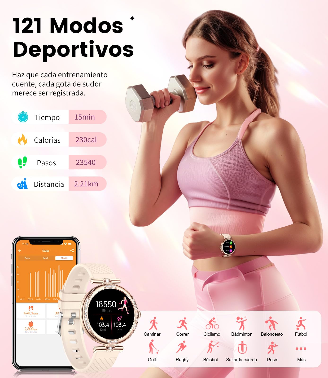 LIGE Smartwatch Mujer Bluetooth Llamadas para Android iOS Diamante Oro Rosa Acero Reloj Inteligente para Mujer 1,19'' AMOLED,Frecuencia cardíaca/Monitor de sueño, podómetro, calorías,100+ Deporte