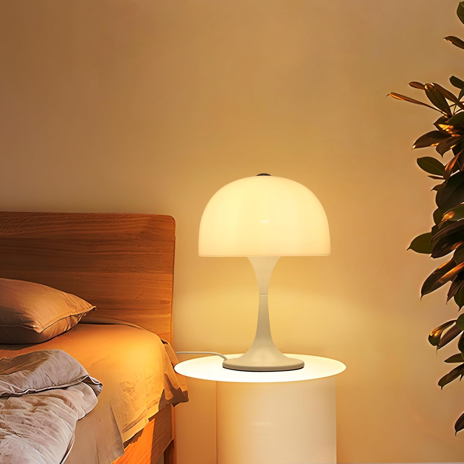 Modern Sleek Table Lamp for Bedroom, 3-Light LED End Table Lamp for Living Room, Office, Milky White Acrylic Shade Metal Mushroom Desk Lamp for Bedside Night Light, White Base
