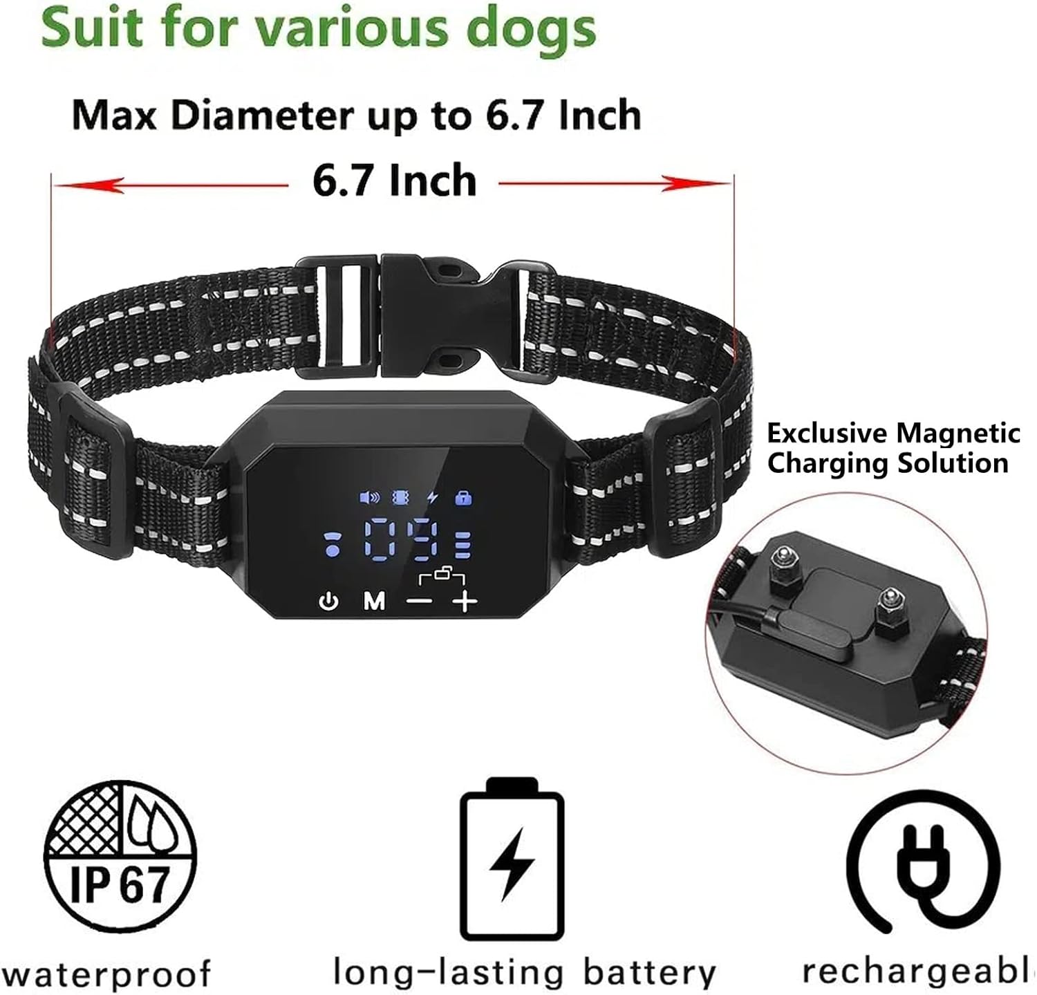 Image showing the collar is waterproof (IP67), has a long-lasting battery, and is rechargeable.