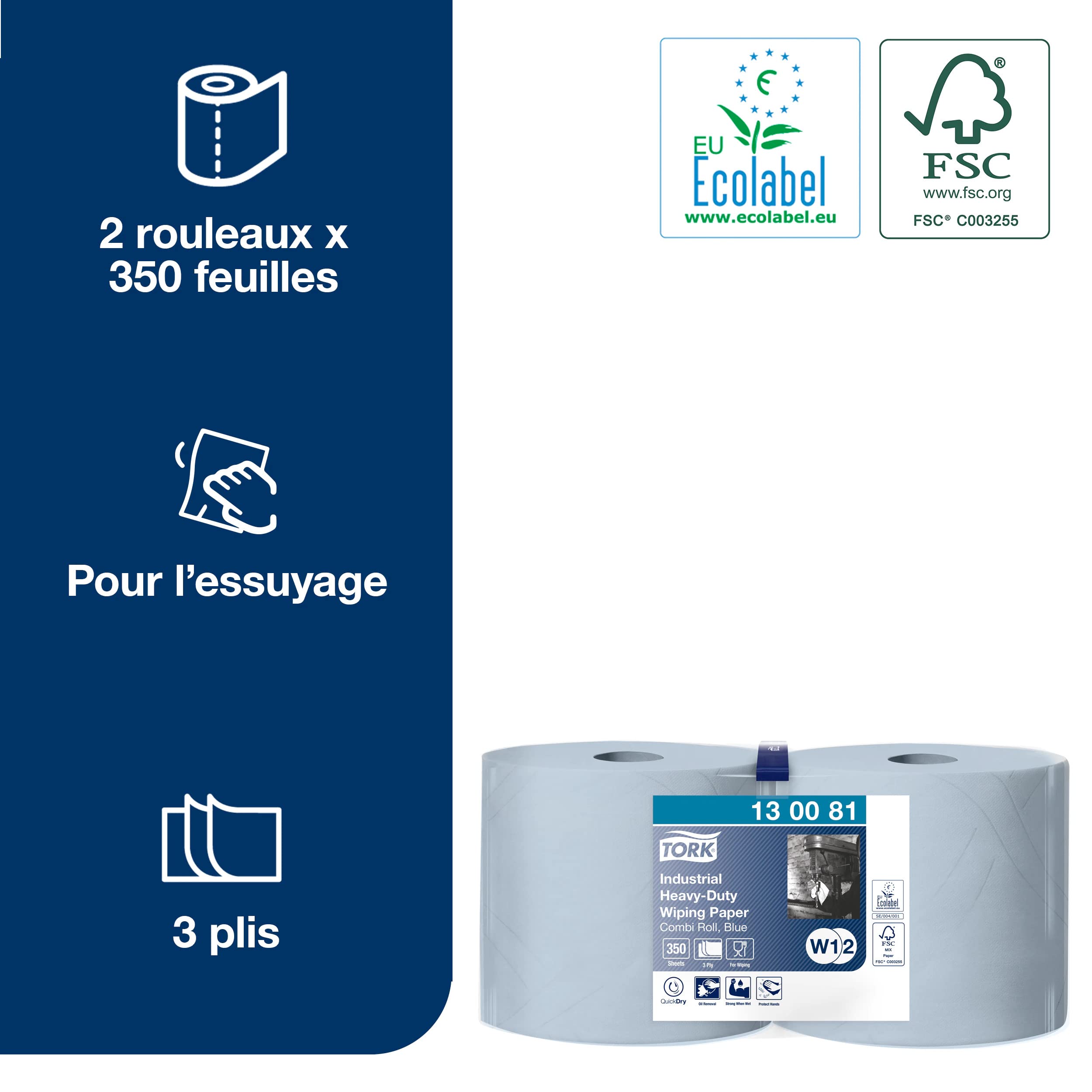 Tork Papier d'Essuyage Industriel ultra-résistant bleu W1/2, protège les mains, 2 x 350 feuilles, 130081, 2 x 119 m