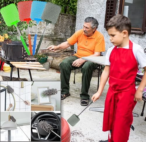 Miniatura 4 de Matamoscas retráctiles, matamoscas de plástico duradero, juego de 4 con plumero de plumas de microfibra extensible, matamoscas telescópico con mango