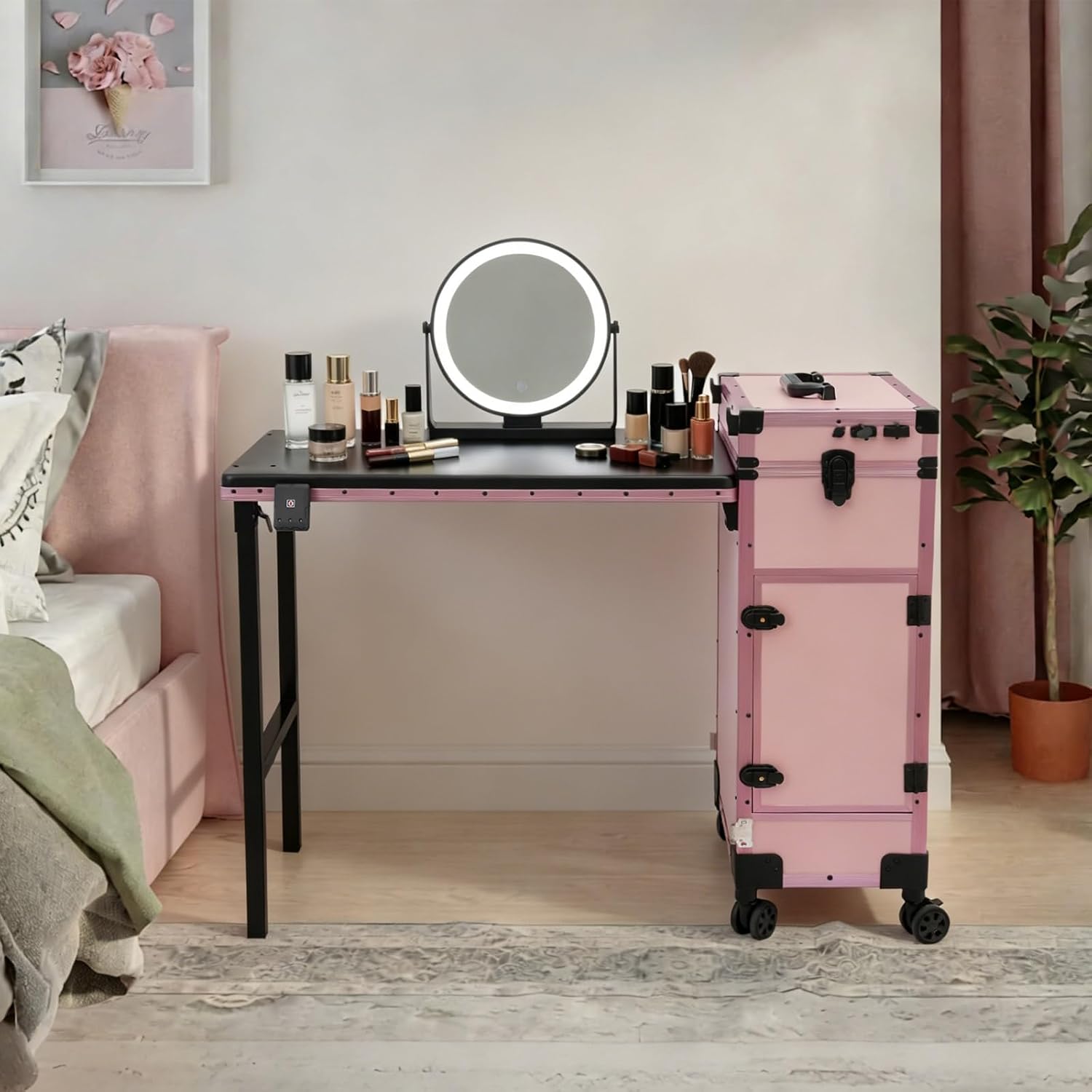 Rolling Manicure Table, Portable Foldable Nail Desk for Nail Tech, Large Makeup Case with Mirror and Drawers, for Hairdressers, Beauticians, Manicurists, 110lbs Capacity (Pink)