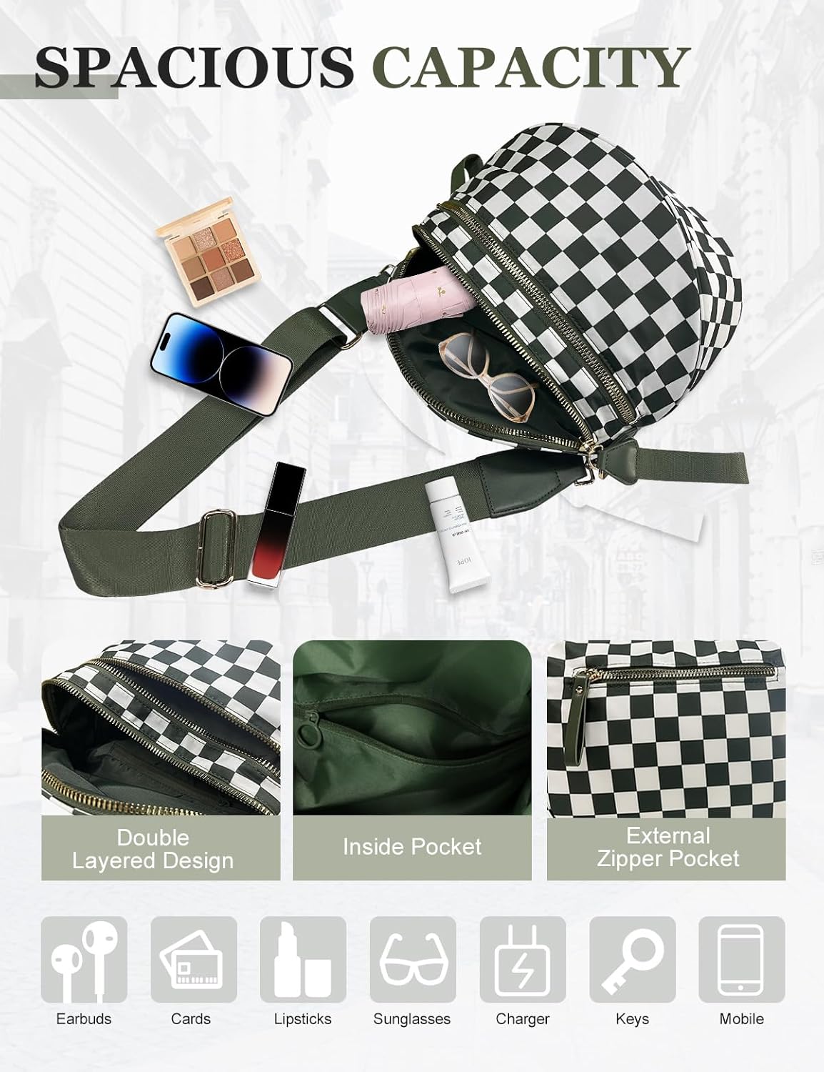 Checkered Nylon Crossbody Bag for Women, Spacious Checkered Bum Bag Purse Shoulder Bag Sling Bag with Shoulder Strap - Image 4