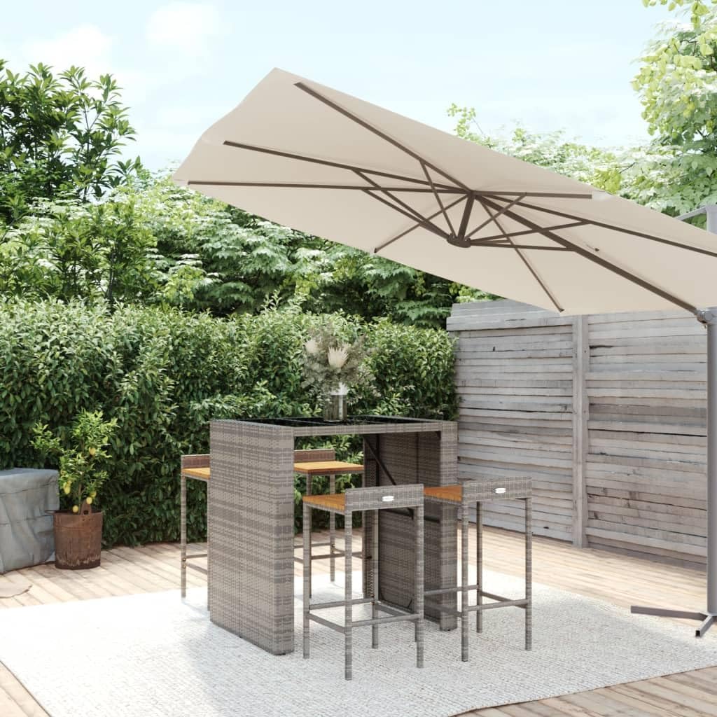 5 Piece Grey Poly Rattan and Solid Wood Acacia Garden Bar Set with Tempered Glass Tabletop and Powder-Coated Steel Frame for Outdoor Patio