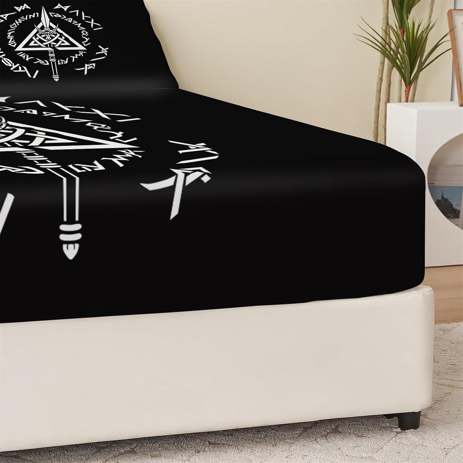 Print Fitted Sheet Set Queen Size for Kids Boys Girls, Black Bed Sheets Logo Viking Runes Pattern Fitted Sheet Adults Flat Sheet Soft Luxury, Home Room Decor 4Pcs