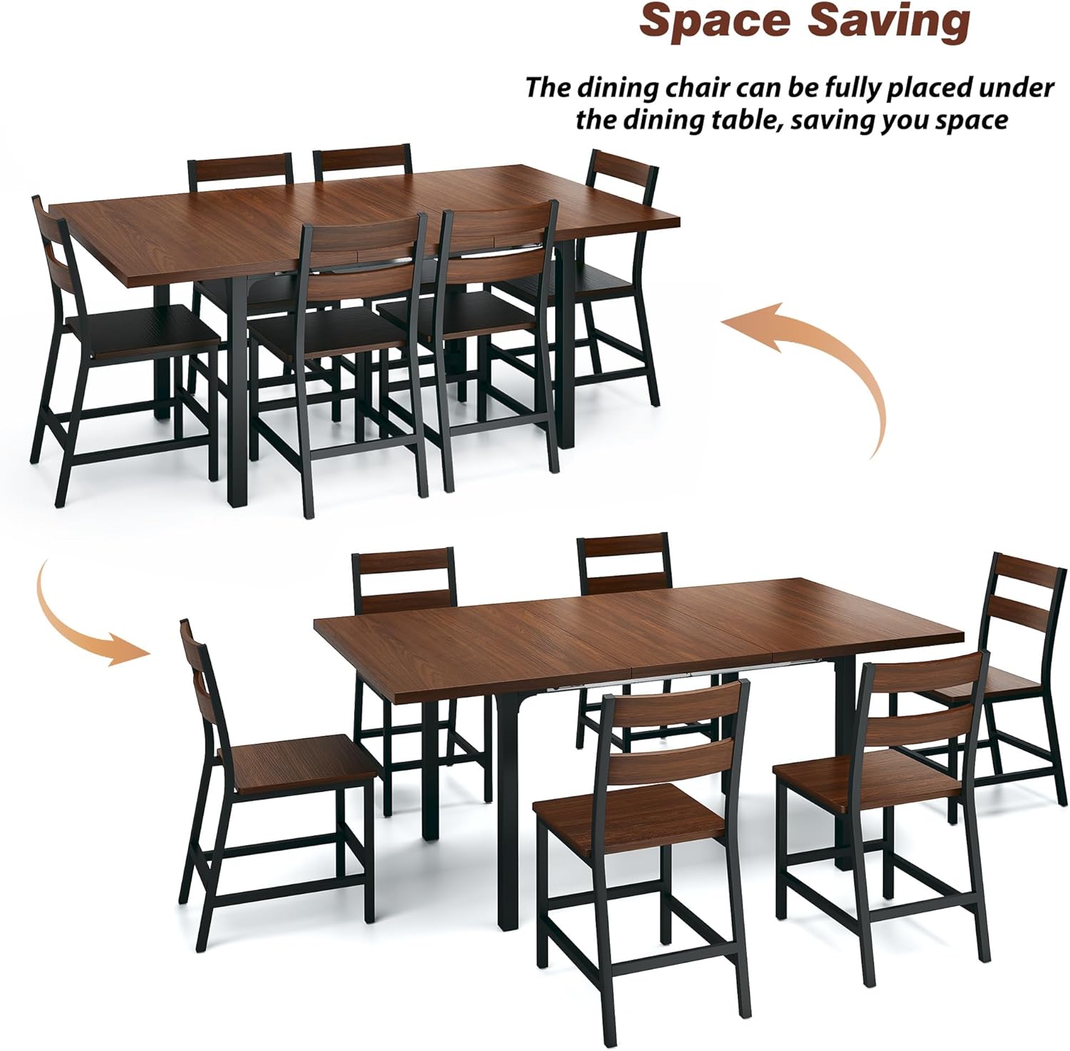Illustration of space-saving feature, showing dining chairs fully placed under the table.