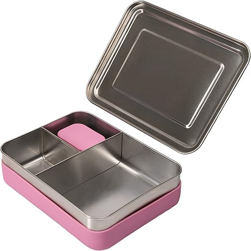 WeeSprout Caja Bento de acero inoxidable 18/8 (grande) – Lonchera metálica de 3 compartimentos, silicona antideslizante, para niños y adultos,