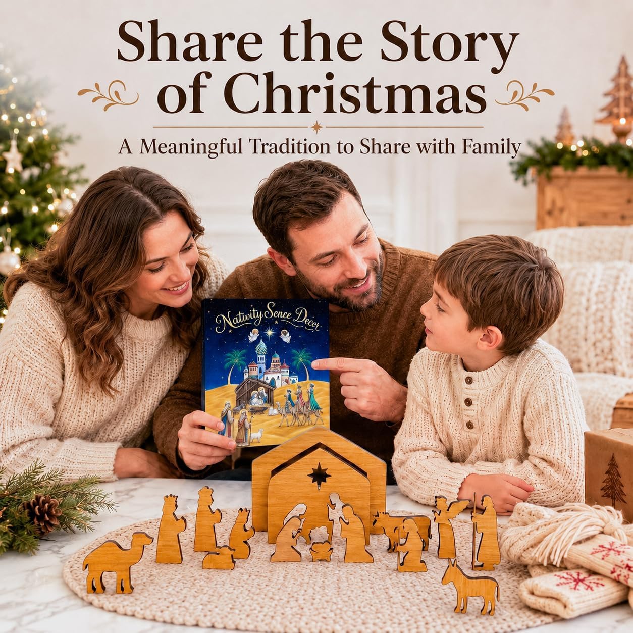 Hawkrown Nativity Set, 16-Piece Indoor Wooden Christmas Manger Scene