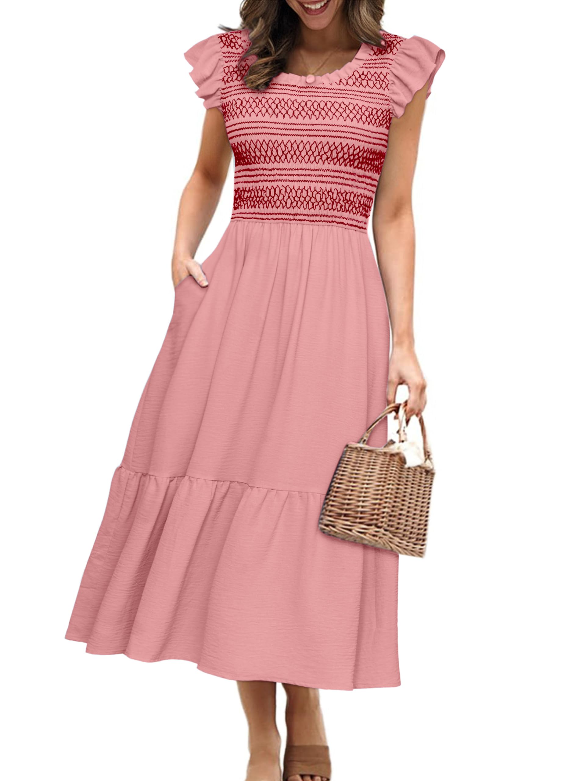 Simplee Womens Summer Midi Dress Casual Boho Smocked Waist Flutter Sleeve A Line Flowy Tiered Dress with Pockets