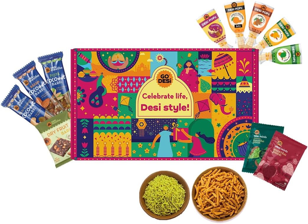 GO DESi Gift Hamper, Permium Gourmet Gift Box with Desi Popz, Thandai Popz, Sweets and Snacks, Gifts For Family and Friends, Festival Gifting