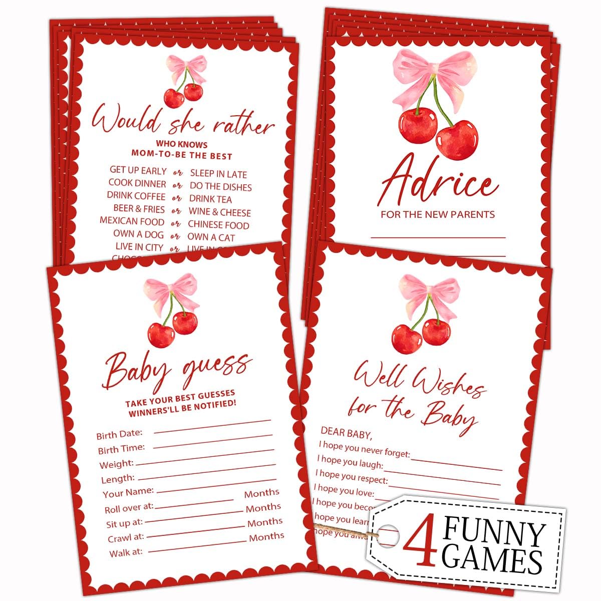 Cherry Baby Shower Game, 4 Funny Games for Boy or Girl, Babies Guess Cards, Would She Rather, Advice for New Parents, Well Wishes for Babies, Cherry
