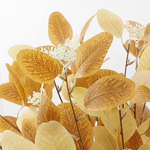 Miniatura 8 de Emivery Tallos de hojas de eucalipto de otoño, 6 tallos artificiales de follaje de otoño, ramas de eucalipto sintético naranja, decoraciones de