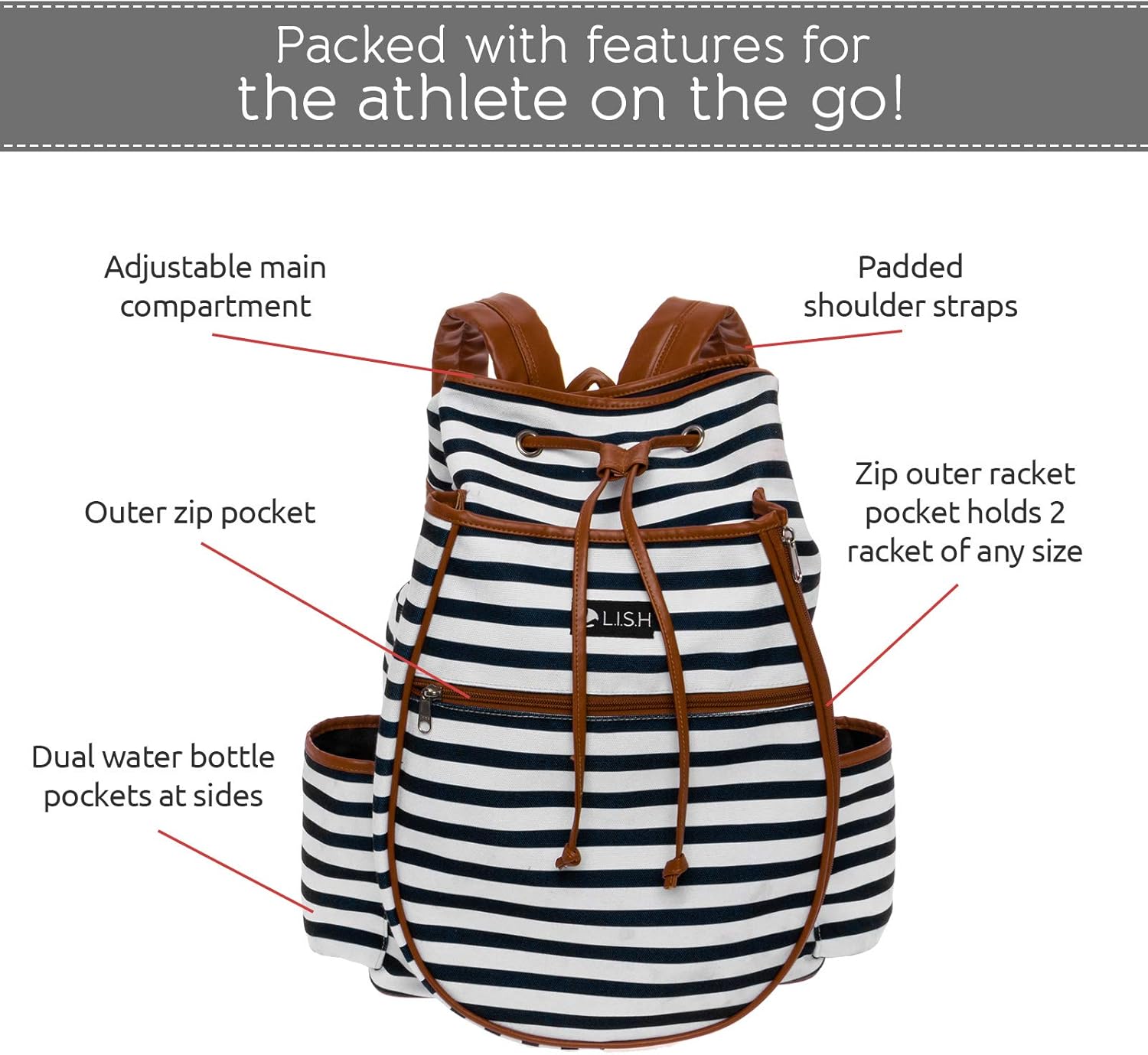 LISH Down The Line Canvas Tennis Racket Backpack - Women's Striped Print Drawstring Racquet Holder Bag (Black Stripe) : Sports & Outdoors