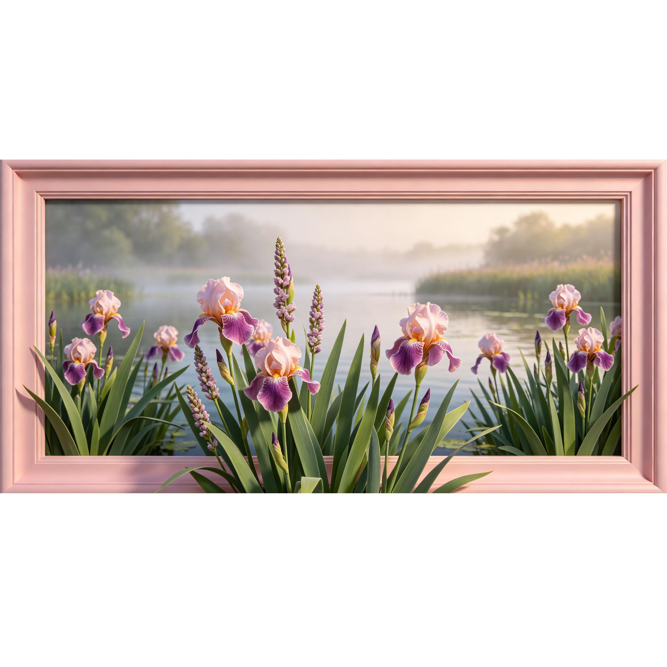 Agglomerix 3D Framed Wall Art Purple Iris Flower Lake Mist Landscape Botanical Watercolor Large Size SelfAdhesive Removable Wall Decor Prints Artwork for Living Room Bedroom Office