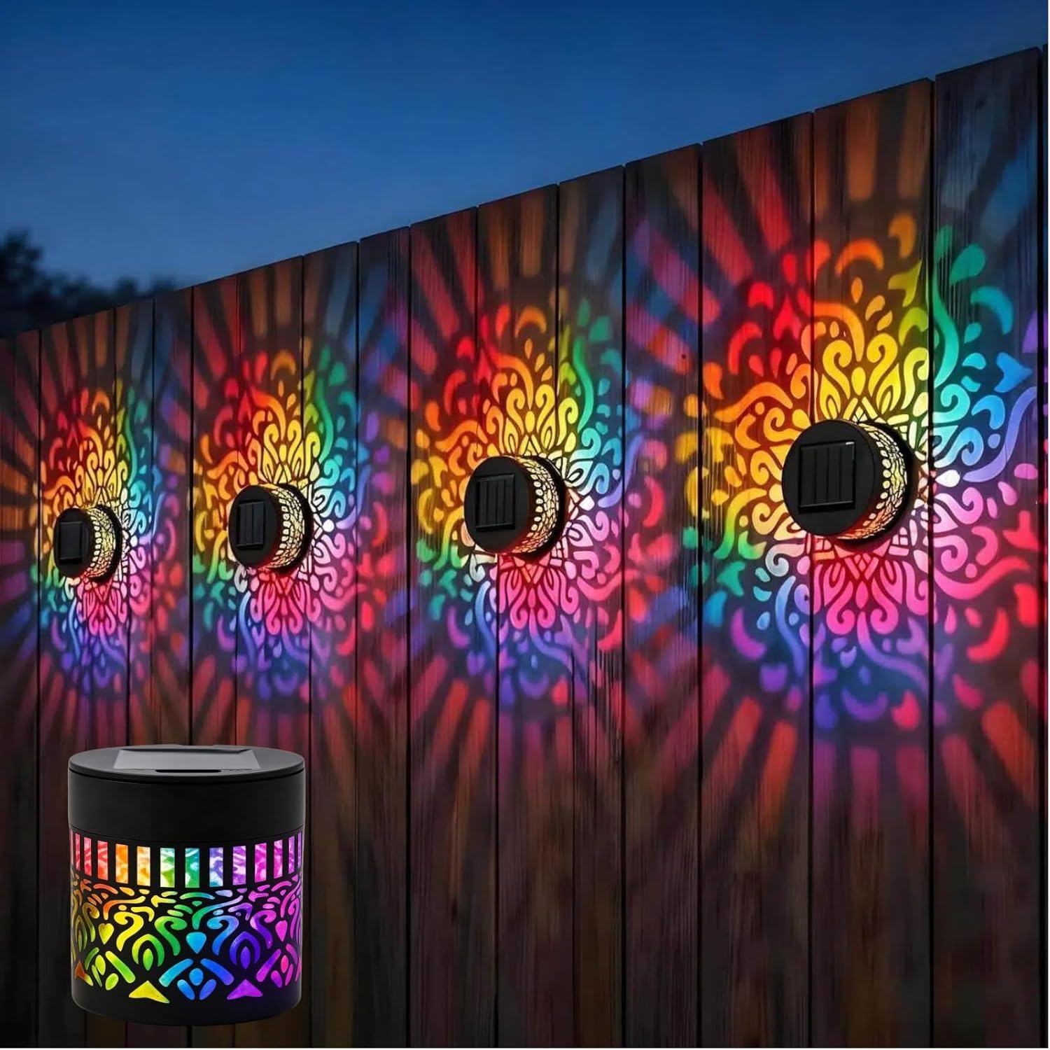 Solar Mandala Wall Light, 7‑Color Changing Outdoor Decorative Projection Lamp, Outdoor Garden Fence Projector Lamp, Waterproof Metal Fence Light for Garden Backyard Yard Patio (1, Color Change)