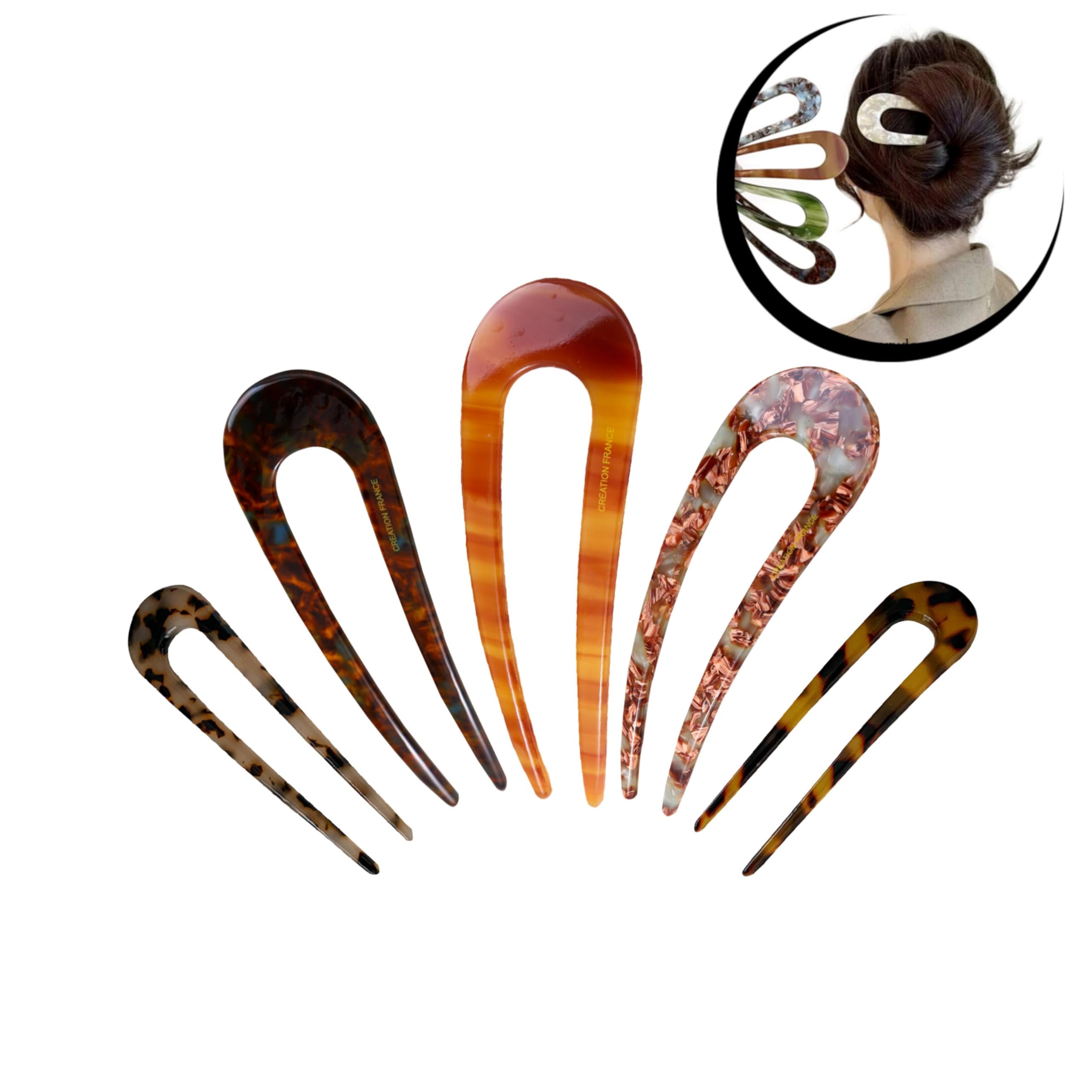 5Pcs Hair Sticks Set, U-Shaped Vintage Boho Hair Pins with Tortoiseshell/Cream/Green Colors